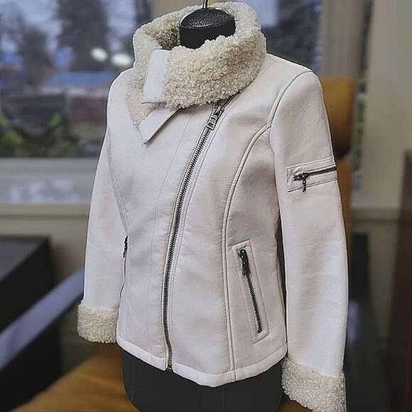 Guess ivory faux leather shearling moto jacket size S - Picture 1 of 14